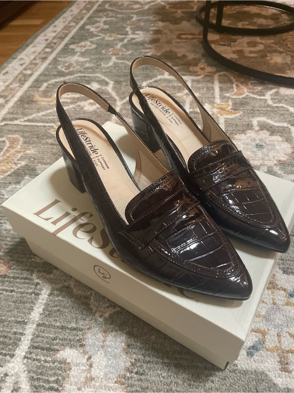 Life Stride Dark Brown Croc-Embossed Slingback Loafers